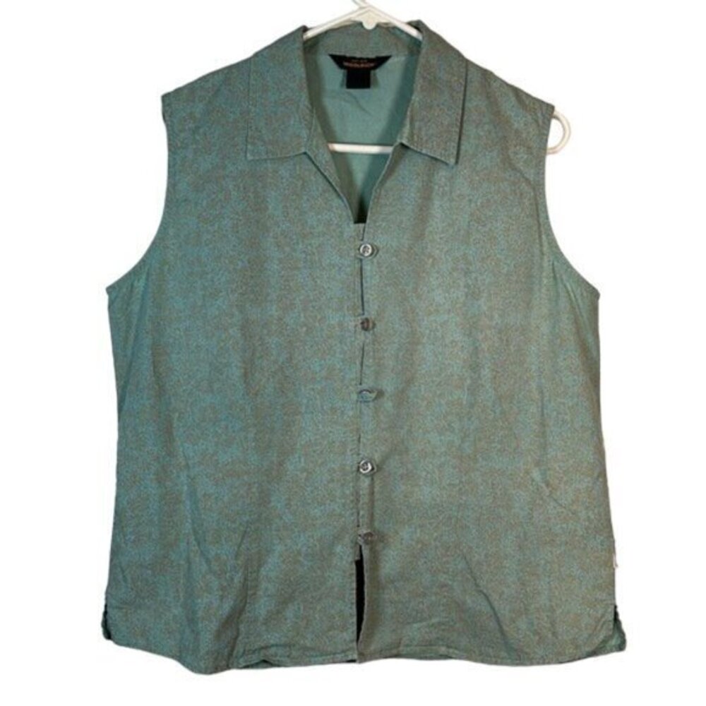 Woolrich Green Sleeveless Buttoned Green Tan Blouse Size Large GUC #0914-AZ